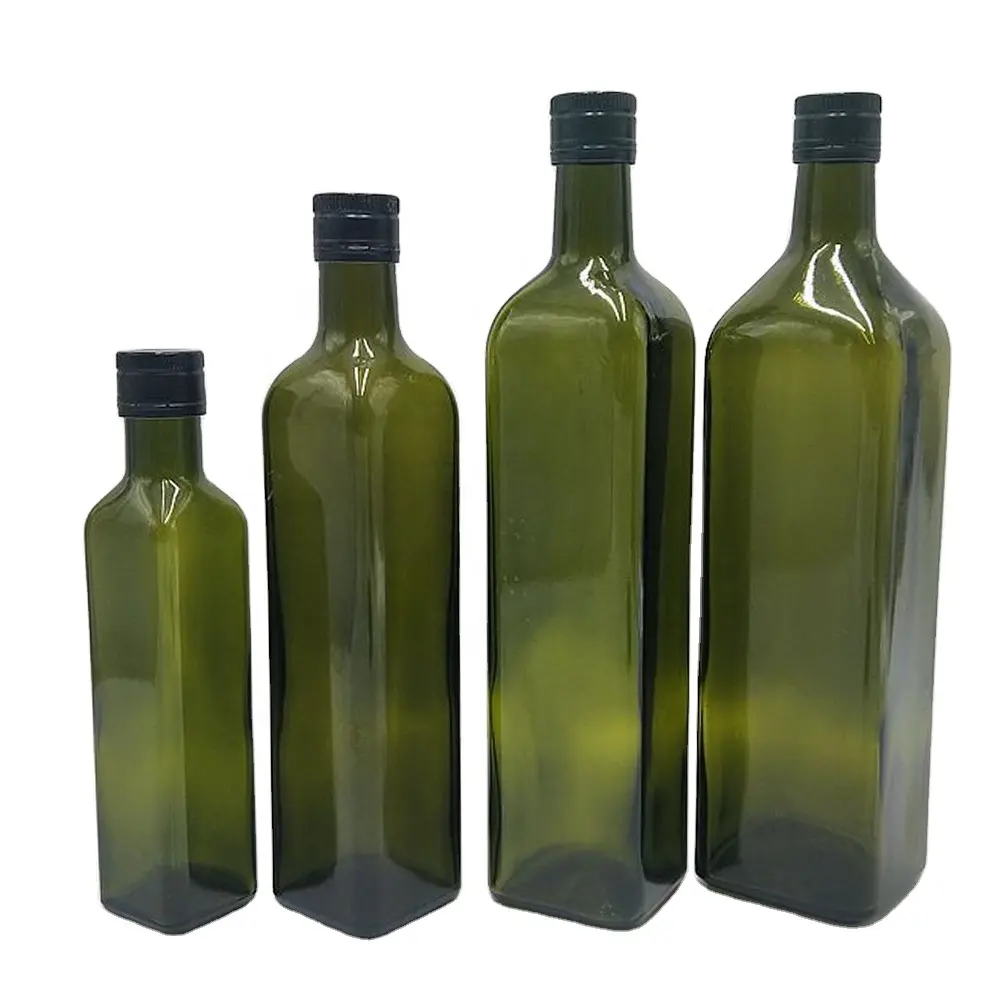 Emballage d'huile d'olive de qualité alimentaire 250ml 500ml 750ml 1000ml Bouteille en verre vide carrée d'huile d'olive vert foncé