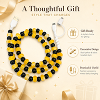 Câble de charge perlé jaune et noir 3-en-1, style bracelet color block, USB Type C, cordon cadeau mignon et tendance