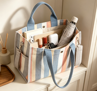 Sac fourre-tout en toile recyclable à rayures colorées avec poignée non tissée longue, petite taille pour femme, usage quotidien et PC