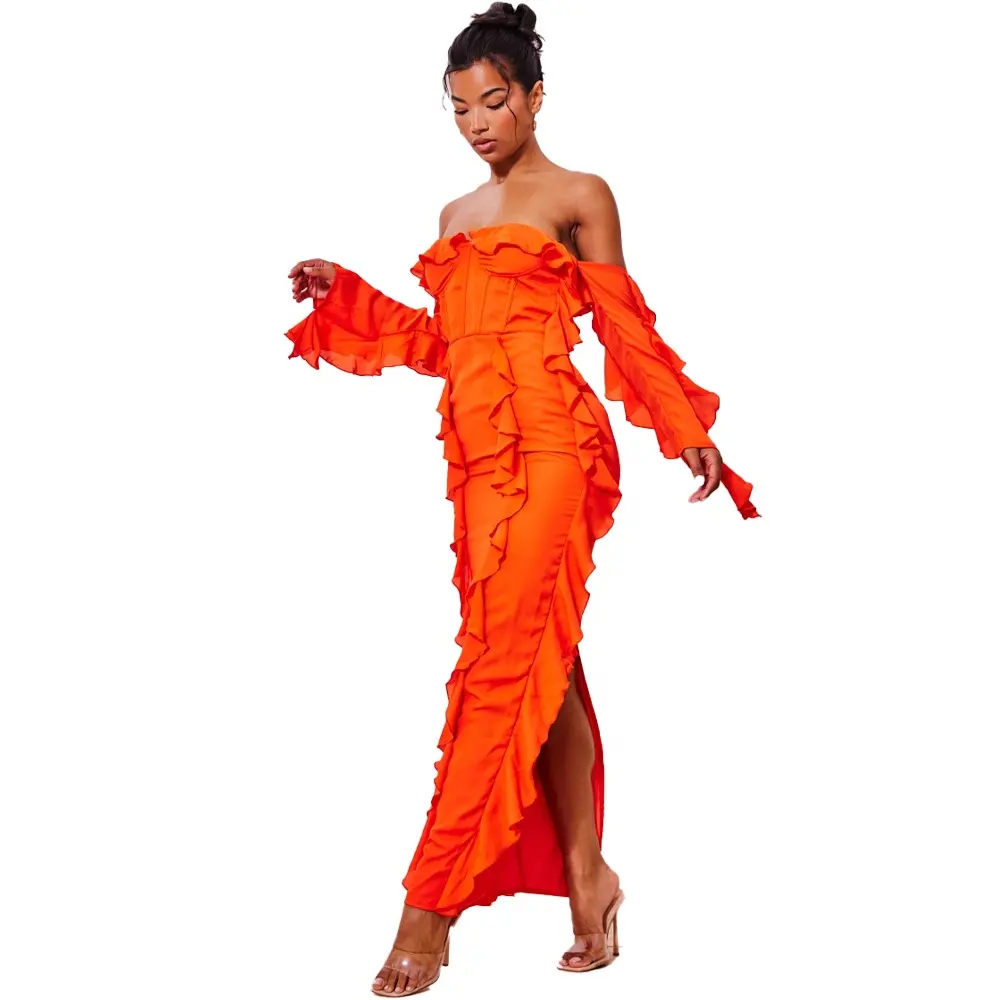 राजा युवा जला नारंगी शिफॉन झालर कोर्सेट लंबी आस्तीन गर्मियों मैक्सी पोशाक महिलाओं 2023