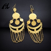 Nueva moda Dubai moneda turca Color dorado latón Metal árabe forma de Luna boda pendientes largos musulmanes