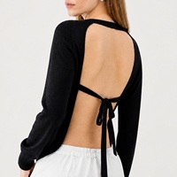 Cardigan en laine mérinos pour femme, personnalisé ODM/OEM, dos ouvert, col rond, manches longues, à nouer dans le dos, noir, vente en gros d'usine