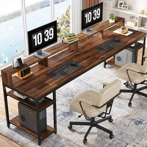 Tribesigns 78.74" Extra <strong>Long</strong> Double <strong>Desk</strong> for Two, Monitor Stand &amp; Storage Shelves, Rustic Brown Home Office - Product Image 1