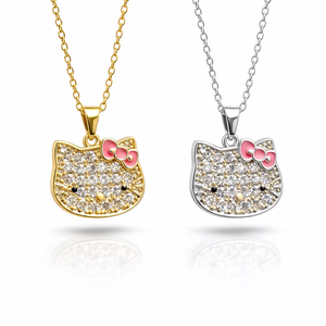 Collane con Ciondolo a Forma di <span class=keywords><strong>Gatto</strong></span> con Fiocco Rosa in Zirconia Placcata Oro, Disponibili OEM ODM, Gioielli all'Ingrosso per Donne - Product Image 1