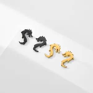 Myshape Mini Chinese Dragon Stud Earring for Women Men Stainless Steel Gold Color Black Ear Studs 2023 Punk Animal Jewelry Gift