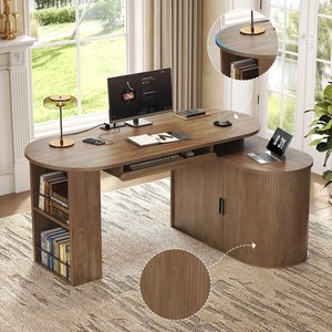Ampia Scrivania Girevole per Computer in Legno, Tavolo da Lavoro per Casa e Ufficio con Ampio Spazio di Archiviazione - Product Image 2