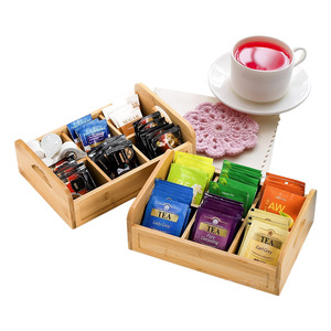 Caja de almacenamiento de bolsitas de té de bambú, con múltiples compartimentos y asa, organizador portátil de escritorio para cápsulas de café, sobres de azúcar y condimentos - Product Image 2
