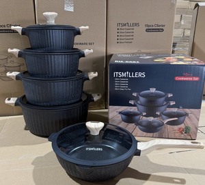 Ensemble de casseroles <span class=keywords><strong>en</strong></span> granit noir de luxe, 10 pièces, <span class=keywords><strong>en</strong></span> aluminium texturé côtelé, avec poignées effet bois, couvercles <span class=keywords><strong>en</strong></span> verre, cadeau de cuisine - Product Image 2