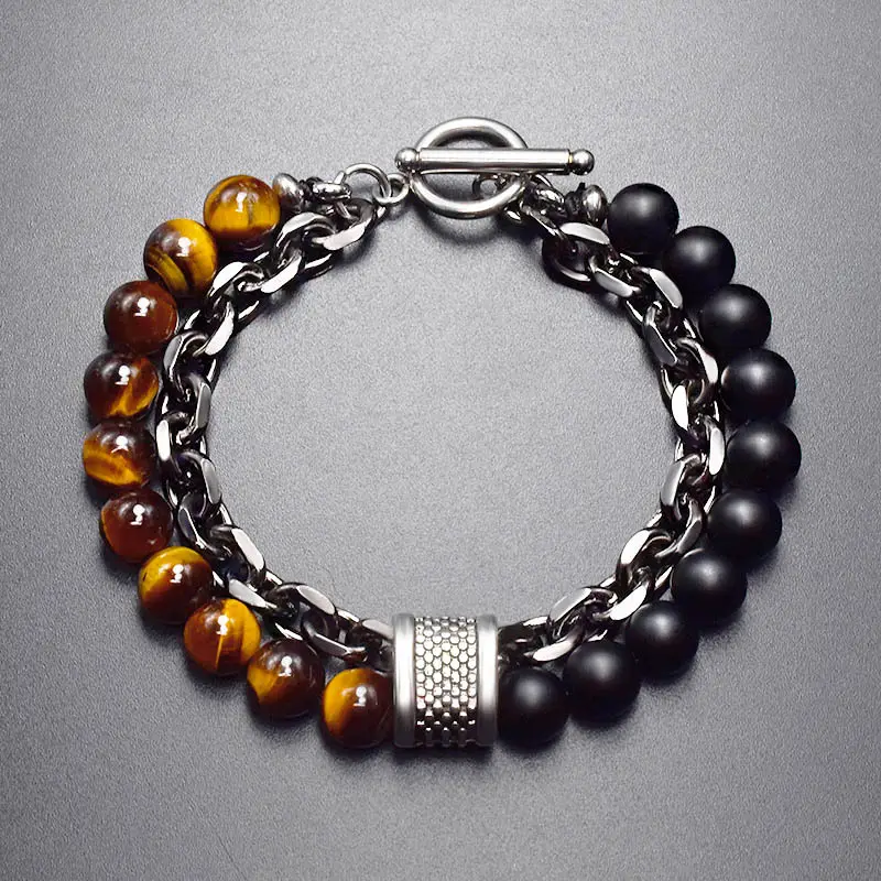 Dreamwork – Bracelets en couches, perles et grosse chaîne en métal, œil de tigre, pierre de lave, Bracelet perlé