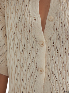 Conjunto de suéter de punto calado texturizado para mujer, camisa de manga corta con cuello tipo campamento y <span class=keywords><strong>pantalones</strong></span> de pierna ancha con cintura con cordón, ropa de resort - Product Image 3