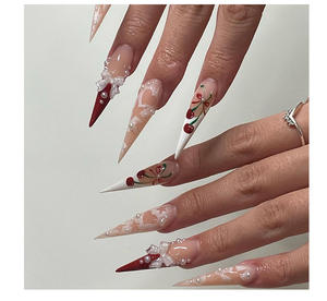 OEM Nouveau 3D Long Stiletto Noeud <span class=keywords><strong>Cerise</strong></span> Perle Français Press on Faux Ongles Couverture Complète Ins Ongles Artificiels <span class=keywords><strong>Manucure</strong></span> - Product Image 3