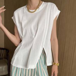 Camiseta de <span class=keywords><strong>mujer</strong></span> con diseño irregular de cuerda de dibujo de algodón de cáñamo respetuoso con el medio ambiente personalizado - Product Image 1