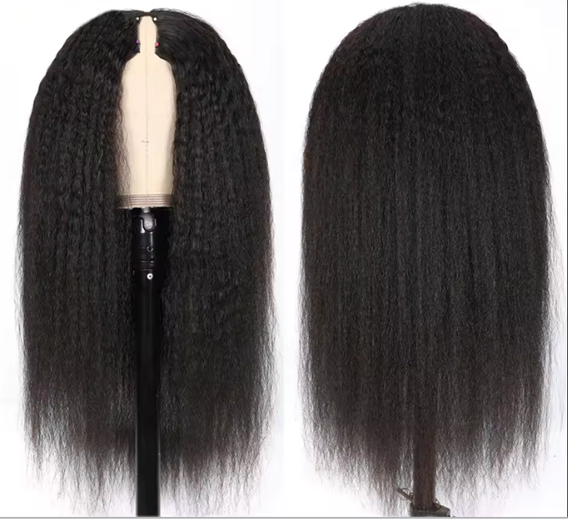 Peluca con raya en V, estilo Yaki Kinky Straight.