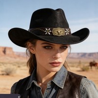 Chapeau de cowboy vintage unisexe en gros, style western vieilli, avec boucle de taureau, rivets, ceinture en cuir, large bord en daim, idéal pour l'extérieur