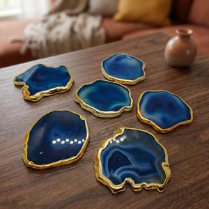 Rais <b>Agate</b> Natural Blue <b>Agate</b> <b>Coaster</b> Polished Gemstone Slice Gold Edge Durable Drink Table Decor Housewarming Gift - Product Image 1