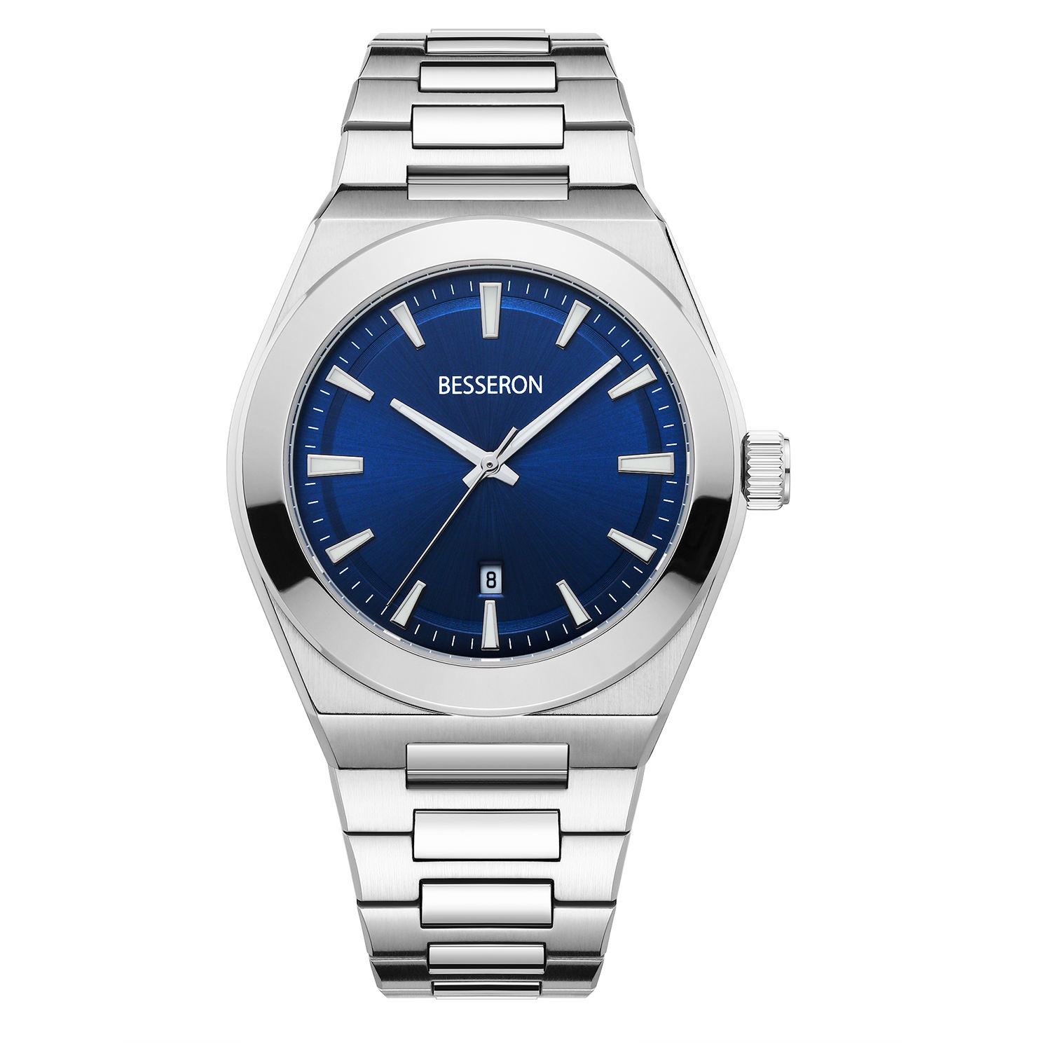 Bleu avec montre argentée