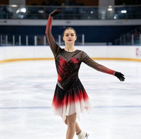 Robe de patinage artistique à manches longues en maille dégradée rouge et noir, dos ouvert ajouré, ornée de strass, pour filles et enfants, danse sur glace