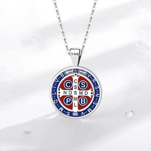 Merryshine 925ของผู้ชายเงินสเตอร์ลิงสีฟ้าเคลือบฟัน3D จี้ศาสนานักบุญเบเนดิกต์เหรียญสร้อยคอไข่มุกทอง - Product Image 4