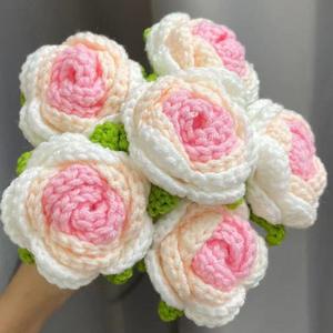 Rosso fatto a mano lavorato a maglia artificiale all'uncinetto fiore di rosa fiori all'uncinetto per ragazze regalo Bouquet da sposa fai da te festa della mamma delle donne - Product Image 2