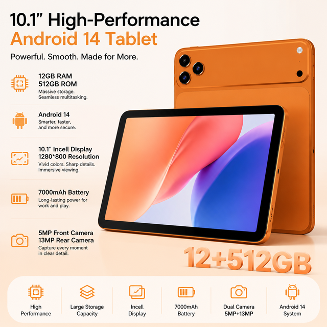 10.1 Inch Android 14 Tablet 12GB RAM 512GB ROM 7000mAh Battery 1280*800 In-cell Display 5MP + 13MP Camera Quad-core Tablet PC