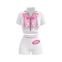 Ensemble deux pièces pour femme, haut court et short, imprimé squelette noir et rose, coton côtelé et polyester, manches courtes, col rabattu, fermeture éclair