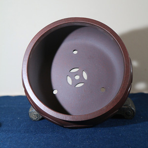 Purple <b>Clay</b> Bonsai <b>Pot</b> Round Three Legged Lotus Design Classic Drum Shape Zen Style Large Planter - Product Image 2