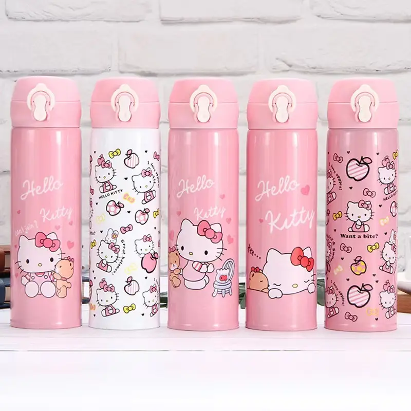 Bambini Kawaii cartoni animati isolati Thermos Gourde tenuta a prova di 304 sottovuoto 500ml in acciaio inox rosa gattino bianco bottiglia di acqua calda