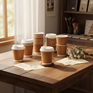 แก้วกาแฟกระดาษคราฟท์สองชั้น ขนาด 8 ออนซ์ คุณภาพสูง ผลิตตามสั่ง ขายส่งจากโรงงาน พร้อมฝาปิดเข้าชุด - Product Image 1