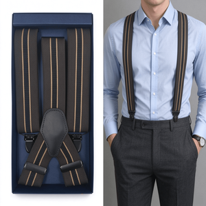 Bretelles rayées pour hommes de 2,5 cm avec boucles en résine, bretelles élastiques en polyester et coton pour tenue formelle - Product Image 2