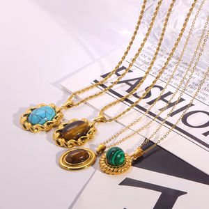 Moda 18K chapado en oro girasol colgante collar mujeres Boho Vintage turquesa Ojo de Tigre Cadena de piedra Natural conjunto de joyería - Product Image 3