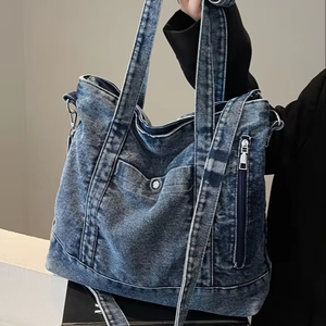 Sac à main bandoulière en jean grande capacité, élégant et durable, style vintage, avec poche, vente en gros - Product Image 4