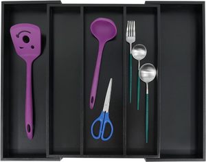 ที่วางภาชนะแบบปรับได้และถาดส้อมพร้อมตัวแบ่งลิ้นชักสําหรับเครื่องเงินที่ขยายได้สีดําไม้ไผ่ห้องครัวลิ้นชัก - Product Image 4