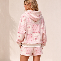 Ensemble sweat à capuche et short surdimensionné à manches longues avec logo personnalisé, imprimé floral patchwork rose pour femme