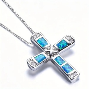 Ciondolo a Croce in Argento con Opale Blu e Diamanti Incastonati, Gioiello Religioso Unisex, Charm per Cerimonie - Product Image 1