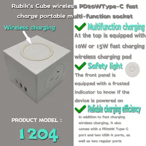 10W kablosuz şarj ve PD20W tip-c ve USB-A avustralya uzatma güç soketi ile özel Logo avustralya Rubik küp şekli