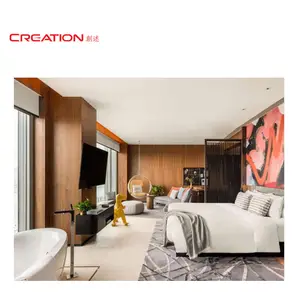Criação hong kong famosa cinco estrelas hotel de luxo tecido cinza estofado noz de madeira mobília de hotel para projeto