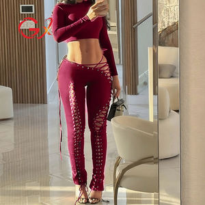 GX25632 Mode Sexy Frauen Kleidung Boutique Langarm Kurzes Oberteil und Einzigartiges Schnürung Hollow Out Pant Jogger 2-teiliges Set - Product Image 1