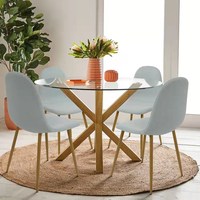 Table à manger ronde en verre clair avec base en bois croisé, style moderne, prix d'usine, meubles de maison