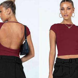 Top court sans manches en coton uni, style européen et américain, dos nu, t-shirt personnalisable - Product Image 2