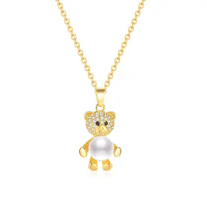 Stocks Selling 2022 New INS Korea Style Full Diamond Bear Brass Necklace Female Long Stainless Steel Chain Pendant Jewelry