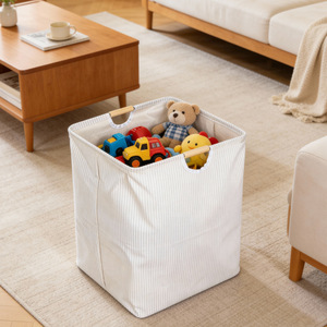 Foldable Striped Cotton <b>Laundry</b> Basket With Wooden Handle Rectangle <b>Standing</b> Type Clothing Organizer For Home Use - Product Image 2