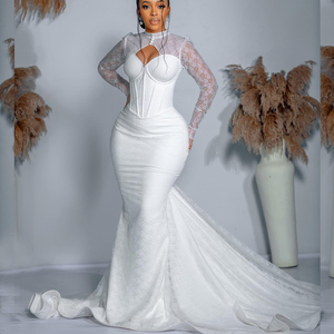 Robes <span class=keywords><strong>de</strong></span> Mariée Sirène en Dentelle 2025 pour Mariée <span class=keywords><strong>Africaine</strong></span> avec Manches Longues Évidées, Traîne Balayage et Boutons, Robes <span class=keywords><strong>de</strong></span> Mariée Civiles <span class=keywords><strong>de</strong></span> Jardin Personnalisées - Product Image 1
