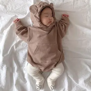 Hoodie bayi baru lahir musim gugur, Hoodie bayi perempuan dan laki-laki, warna Solid netral, baju monyet katun rajut lembut 2 potong - Product Image 1