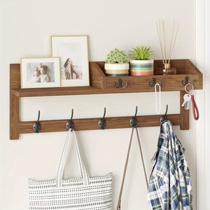 Wooden Wall Mounted Storage Rack With <b>Hooks</b> For Entryway Living Room Key Organizer Multi Functional <b>Shelf</b> - Product Image 1