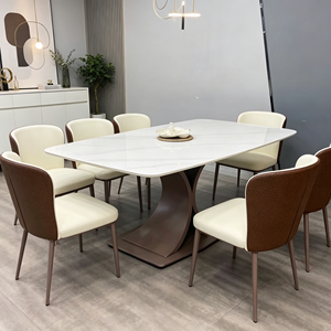 Juego de mesa de comedor rectangular moderno de piedra sinterizada, tapa con aspecto de mármol blanco, base curva marrón con 6 sillas de PU, muebles de comedor - Product Image 5