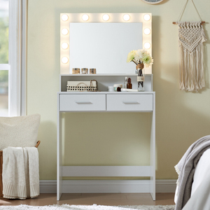 Wood Vanity Desk <strong>Mirror</strong> <strong>Lights</strong> <strong>Dressing</strong> <strong>Table</strong> Large Drawer 2 Level Storage Dresser 3 Lighting Modes Adjustable Brightness - Product Image 1