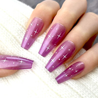 Uñas Postizas Reutilizables Resistentes al Desgaste con Diseño de Estrellas Brillantes Moradas y Efecto Ojo de Gato, Suministros para Vendedores