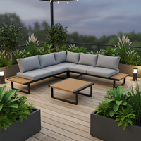 Ensemble de canapé d'extérieur en aluminium élégant en forme de L, coussins gris avec ottomanes en bois plastique et table basse, jardin moderne