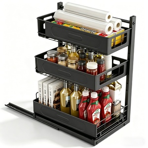 Étagère de <span class=keywords><strong>rangement</strong></span> coulissante à 3 niveaux en métal épaissi pour armoire, cuisine, salle de bain, garde-manger, réglable en hauteur - Product Image 1
