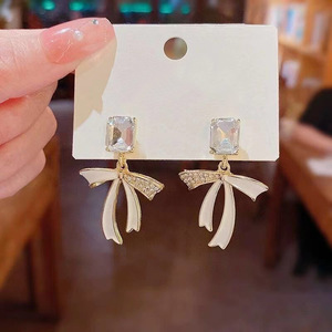 Bow Crystal Drop <b>Earrings</b> <b>Black</b> And White 925 Silver <b>Studs</b> For Women Gift Jewelry Elegant Fashion Accessory - Product Image 1